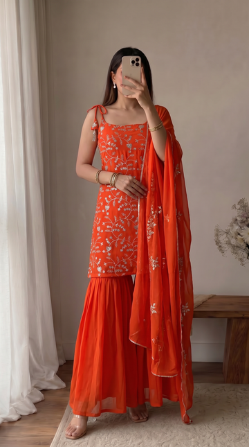 Vibrant Orange Embroidered Sharara Suit with Dupatta for Women