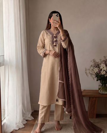 Cream Embroidered Cotton A-Line Suit Set with Brown Dupatta