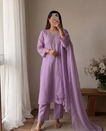 Violet Embroidered Cotton A-Line Kurta Suit Set with GPO Lace Dupatta