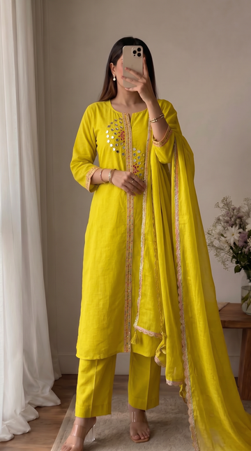 Mustard Mirror Work A-Line Cotton Kutra Pant Set With Dupatta For Women