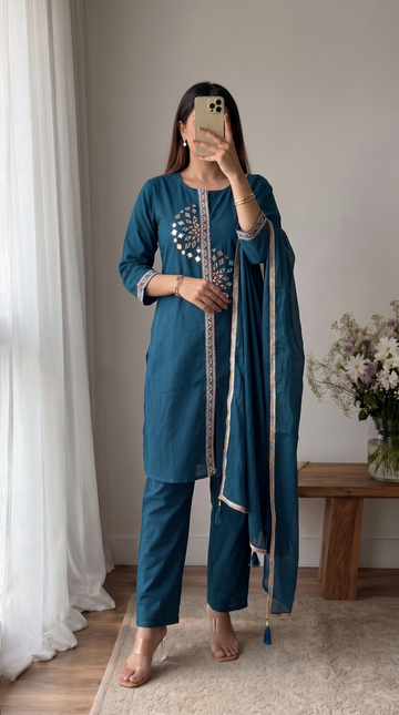 Navy Blue Mirror Work A-Line Cotton Kutra Pant Set With Dupatta For Women