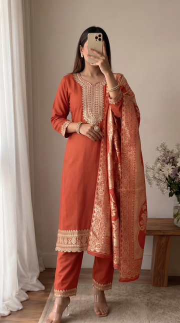 Rust Orange Embroidery Neck Design Cotton Straight Kurta Pant Set for Women With Dupatta