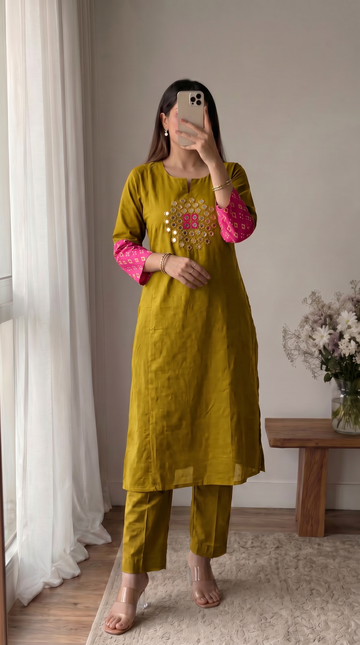 Mustard Mirror Work A-Line Cotton Kutra Pant Set For Women