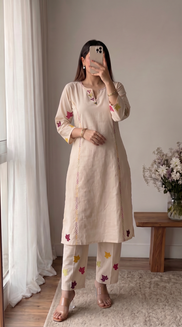 Cream Mirror And Thread Work Cotton A-Line Short Top Pant For Women