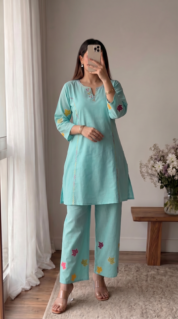 Sky Blue Mirror Work Cotton A-Line Short Top Pant For Women