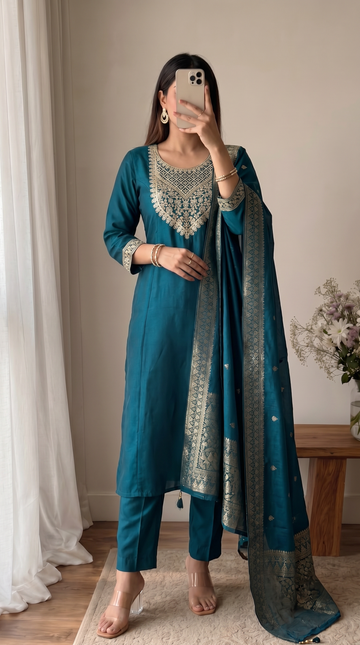 Gorgeous Navy Blue Embroidery Neck Design Cotton A-Line Kurta Pant Set With Dupatta