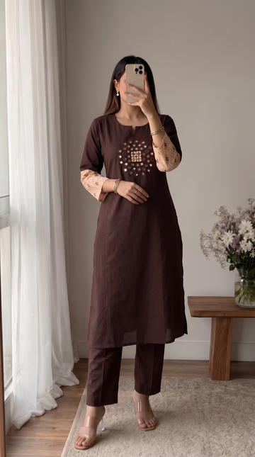 Brown Mirror Work A-Line Cotton Kutra Pant Set For Women