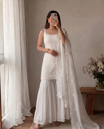 Graceful White Embroidered Kurta And Sharara Set With Dupatta