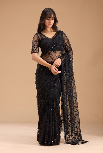 Black Georgette Party Wear Saree with Sequin Embroidery & Fringe Edges