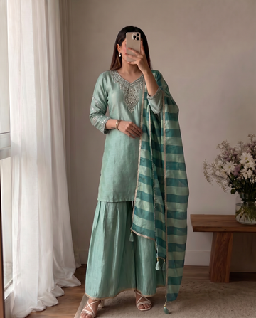 Sky Blue Short Kurti Farshi Salwar Set for Women