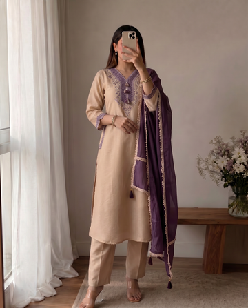 Cream Embroidered Cotton A-Line Suit Set with Purple Dupatta