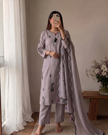 Lilac Cotton A-Line Kurta Set For Women