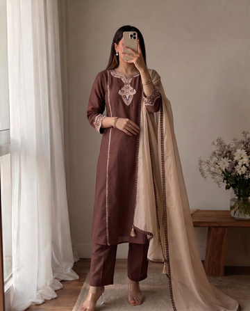 Brown Embroidered Cotton A-Line Kurta Set for Women with Beige Dupatta
