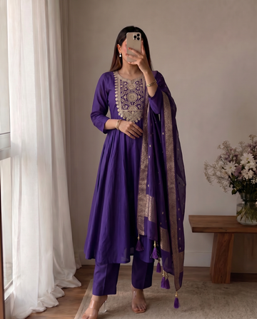 Blue Cotton A-Line Kurta Set for Women
