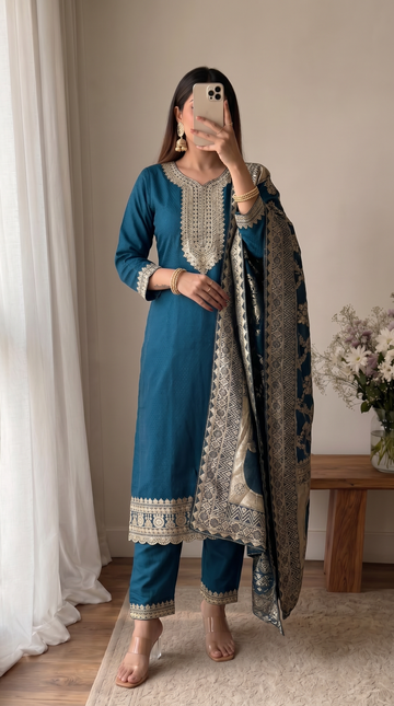 Blue Embroidery Neck Design Cotton Straight Kurta Pant Set for Women With Jacquard Dupatta