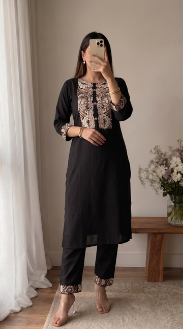 Black Embroidery Neck Work Cotton Straight Kurta Pant Set for Women