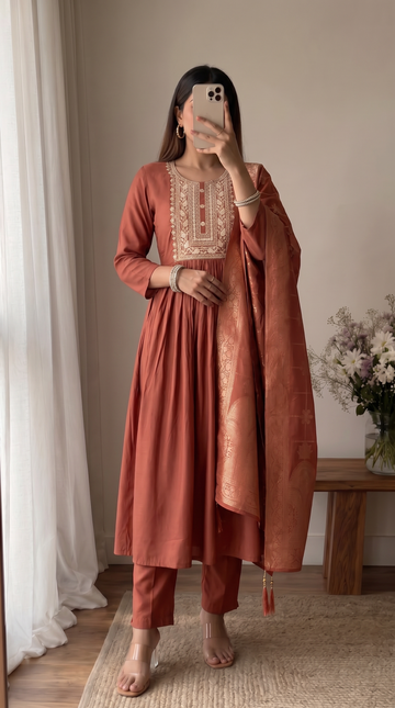 Rust Embroidery Neck Design Cotton Anarkali Suit Set for Women With Jacquard Dupatta