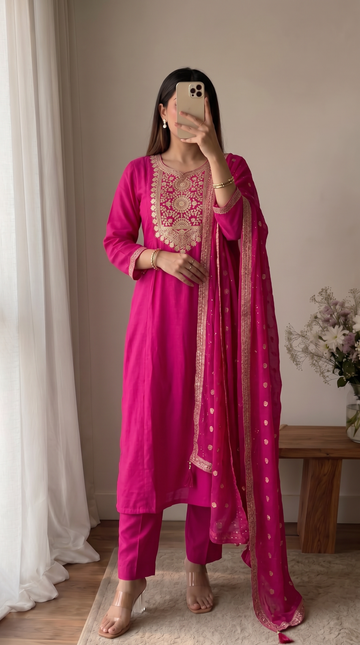 Rani Pink Embroidery Neck Design Cotton A-Line Kurta Pant Set for Women With Dupatta