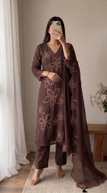 Brown Embroidered A-Line Cotton Suit Set with Dupatta