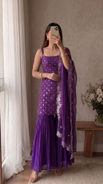Royal Purple Embroidery Work Kurti Sharara Suit Set With Dupatta