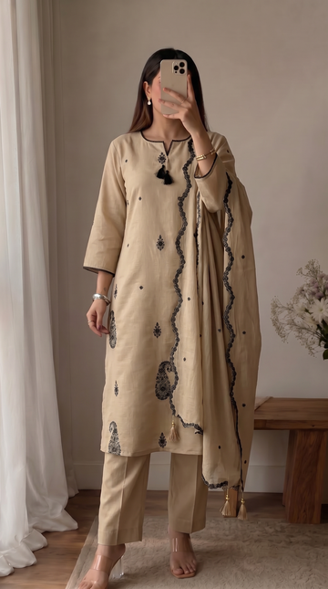 Beige Embroidered Cotton A-Line Kurta Set for Women with Matching Dupatta