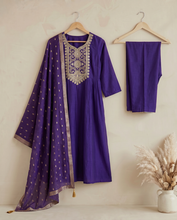 Royal Blue Embroidery Cotton A-Line Kurta Pant Set for Women