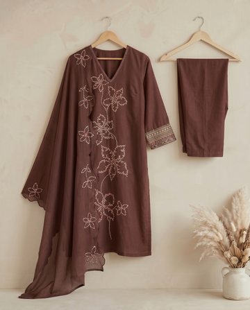 Brown Embroidered A-Line Cotton Suit Set with Dupatta