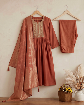 Rust Embroidery Cotton Anarkali Suit Set for Women