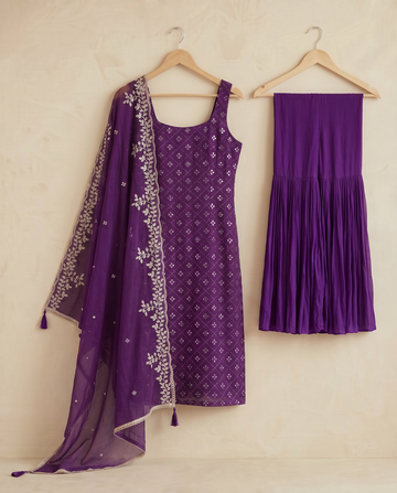 Royal Purple Embroidery Work Kurti Sharara Suit Set With Dupatta