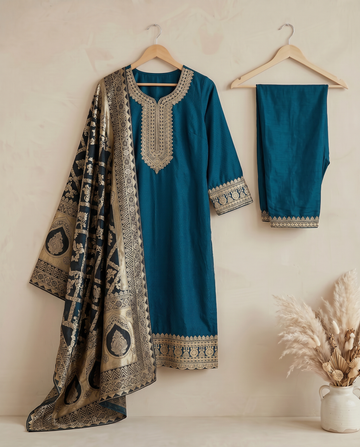 Blue Embroidery Cotton Straight Kurta Pant Set for Women