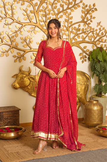 Women's Red Georgette Bandhani Anarkali Suit with Gotta Patti Lace Dupatta