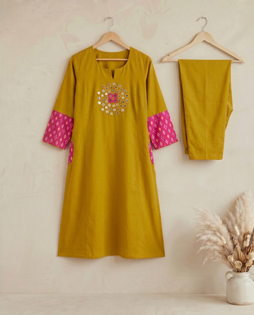 Mustard Mirror Work A-Line Cotton Kutra Pant Set For Women