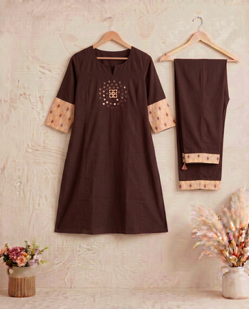 Brown Mirror Work A-Line Cotton Kutra Pant Set For Women