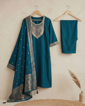 Navy Blue Embroidery Cotton A-Line Kurta Pant Set With Dupatta