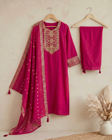 Rani Pink Embroidery Cotton A-Line Kurta Pant Set for Women