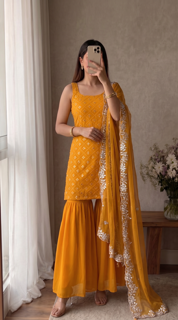 Mustard Georgette Embroidered Kurta And Sharara Suit Set with Dupatta
