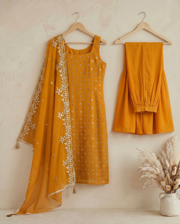 Mustard Georgette Embroidered Kurta And Sharara Suit Set with Dupatta