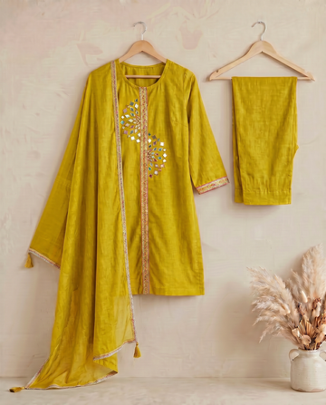 Mustard Mirror Work A-Line Cotton Kutra Pant Set For Women