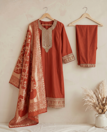 Rust Orange Embroidery Cotton Straight Kurta Pant Set for Women