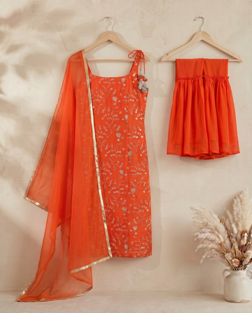 Orange Embroidered Sharara Suit with Dupatta for Women
