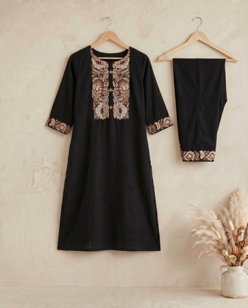 Black Embroidery Cotton Straight Kurta Pant Set for Women