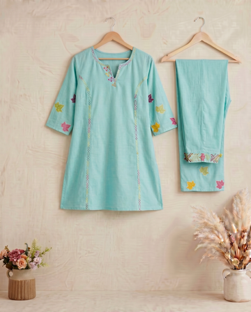 Sky Blue Mirror Work Cotton A-Line Short Top Pant For Women