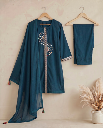 Navy Blue Mirror Work A-Line Cotton Kutra Pant Set With Dupatta For Women