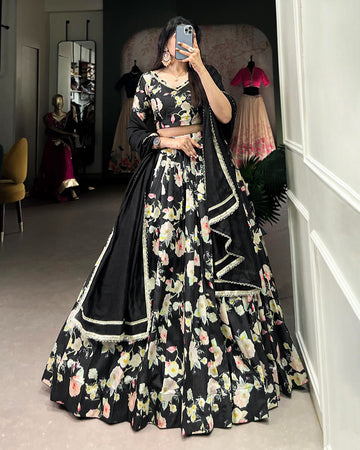 Floral Print Black Color Tussar Silk Lehenga Choli