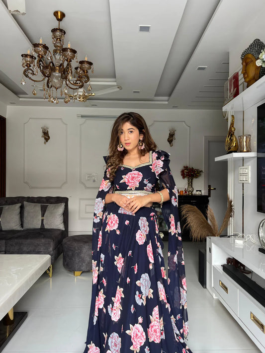 Flower Print Fancy Sleeves Pattern Black color Lehenga Choli