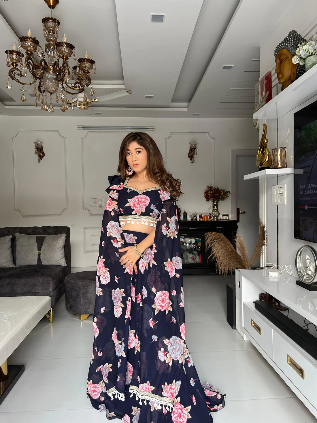 Flower Print Fancy Sleeves Pattern Black color Lehenga Choli