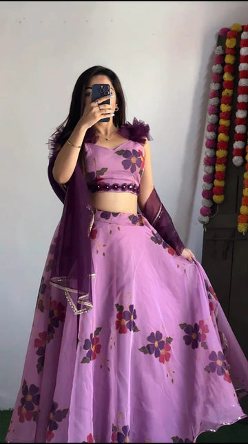 Flower Print Onion Color Organza Silk Lehenga Choli