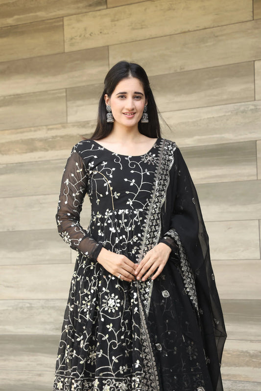Full Heavy Work Black Color Georgette Anarkali Gown