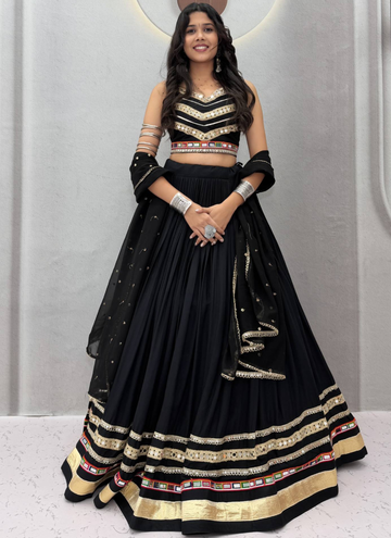 Fully Stitched Black Pure Cotton Lehenga Choli With Mirror Lace Work