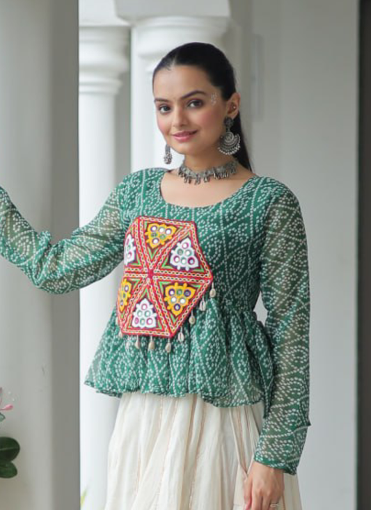 Gamthi Embroidered Peplum Choli With Gota Patti Beige Cotton Lehenga